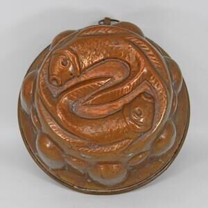 Vintage Twin Koi Fish Copper Tin Cake Jelly Aspic Mold Wall Hanging Hammered Old